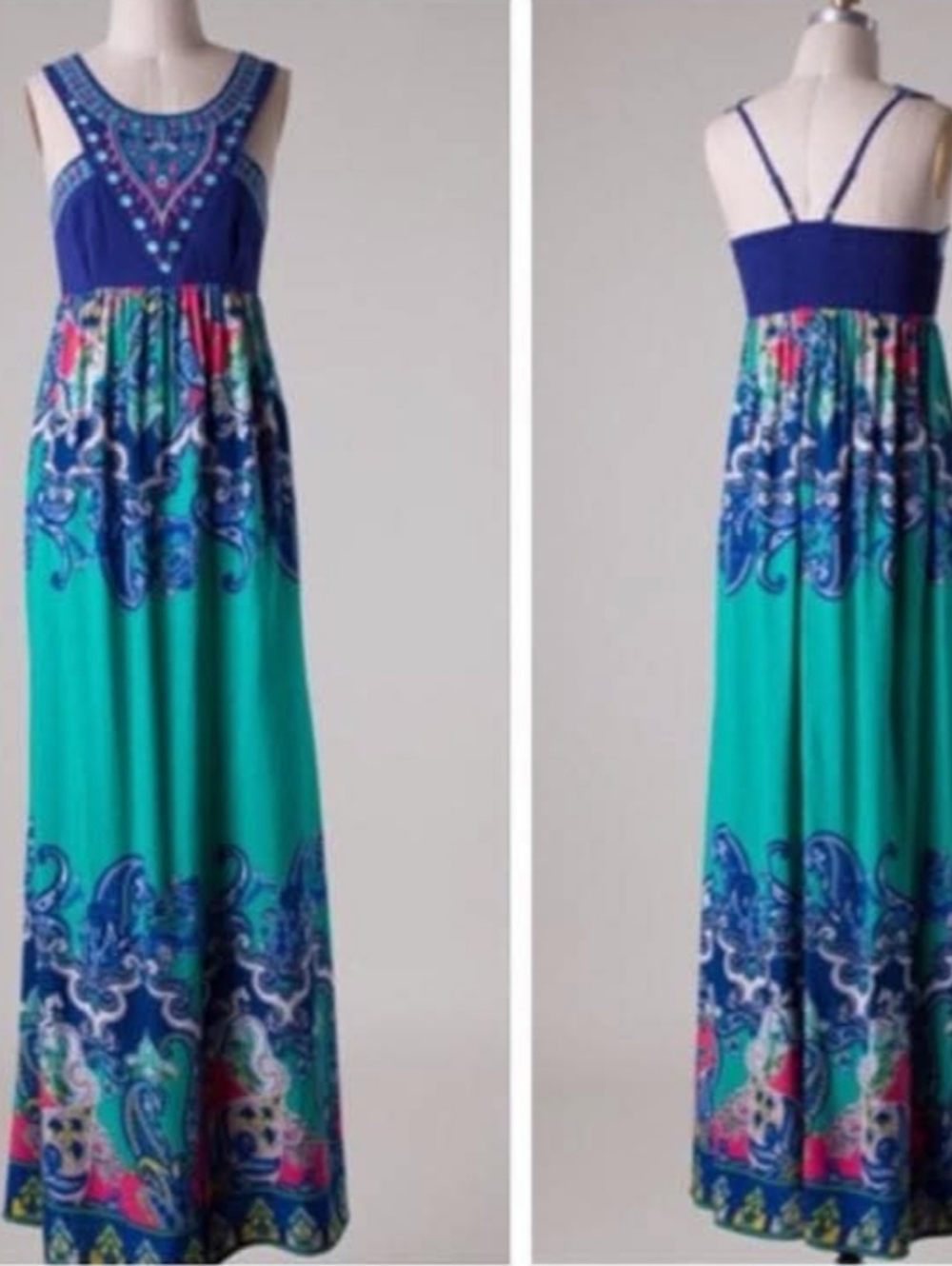 Flying Tomato maxi dress features a bold, multi-colored paisley and floral print